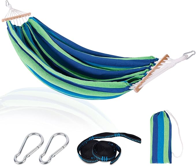 Cotton Hammock with Spreader BarPortable Camping Hammock with Travel BagTree Straps KitPerfect for GardenPatio and Backyard Blue/Green