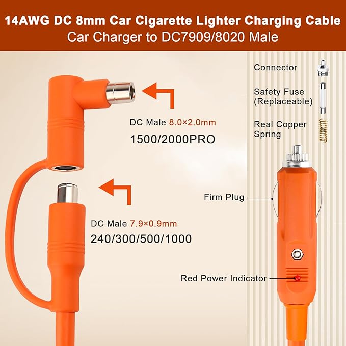 10FT 14AWG Car Charging Cable for Jackery Portable Power Station Explorer 3000 2000 1500 1000 880 550 500 300 290 240 160DC 8mm Car Cigarette Lighter Charger Cable 15A with DC7909/8020 Plug