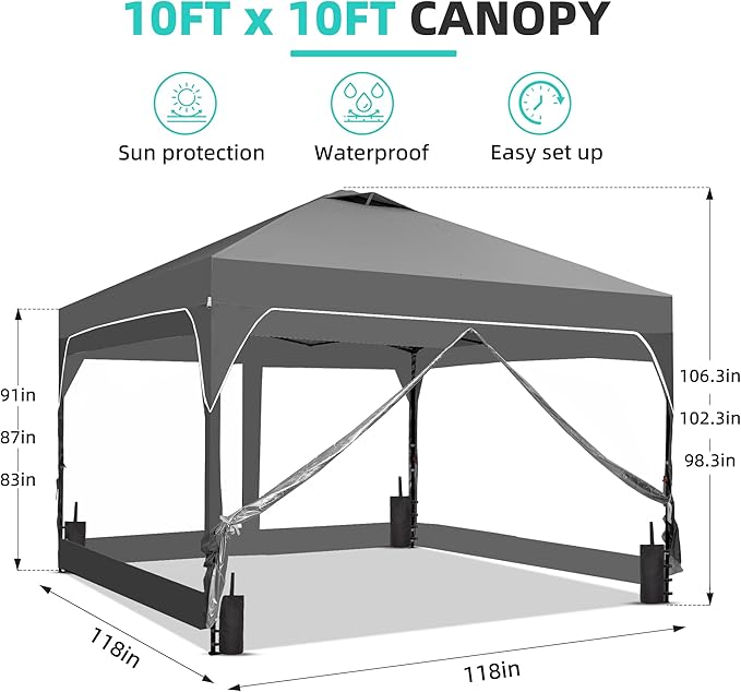 GDY 10x10 FT Pop Up Canopy Tent with One Push SetupSetup Gazebo with 4 PVC Transparent SidewallsEasy Carry for Events Parties Camping Gray