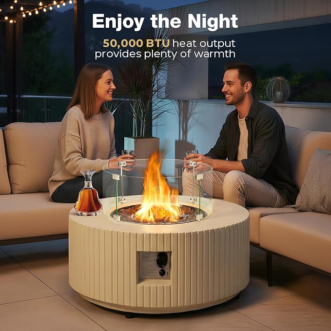 36inch Outdoor Propane Fire Pit Table Set - 3-Piece Round Concrete Natural Gas Firepit with Tank Cover Wind Guard Rain Cover 50000 BTU Modren Fire Table for Outside Patio Backyard - Beige