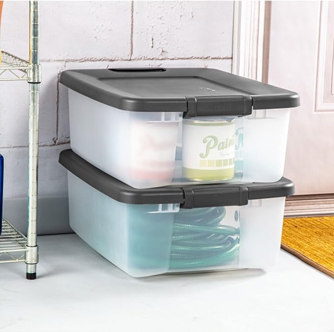 Sterilite 12-Pack ShelfTote Clear Plastic Storage Bins with Lids 25 Quart Gray - Stackable Organizing Container Boxes for Closet Bathroom and Office
