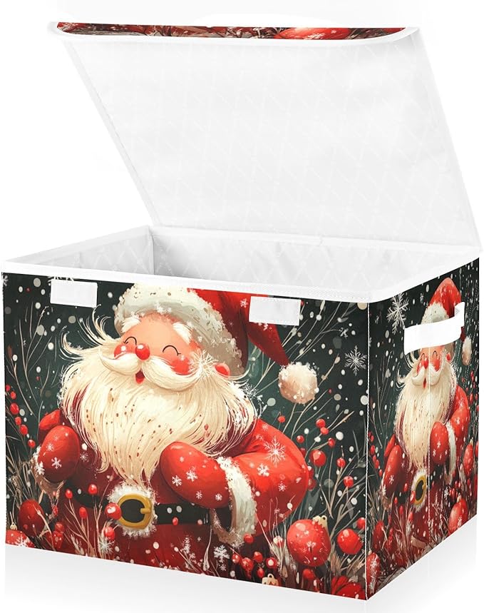 Collapsible Storage Bins with Lids Decorative Fabric Storage Cubes Closet Organizer and Storage Basket Boxes Containers for Clothes Box Chest Nursery Folding Rectangle Red Christmas Sante Cla