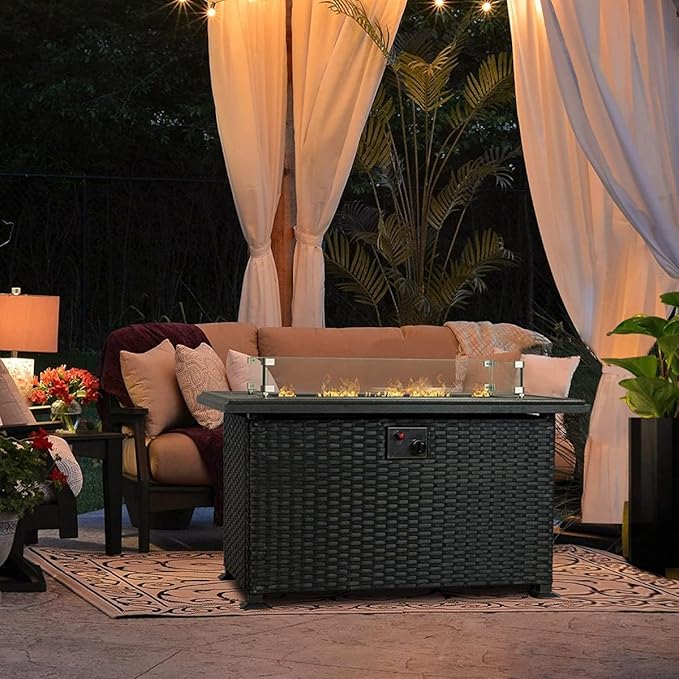 Kozyard Outdoor Patio Propane Gas Fire Pit Table - 50000 BTU Wicker Design with Aluminum Tabletop Glass Wind Guard Clear Glass Rocks Slide Out Tank Holder - Ideal Patio Fire Table (Brown)