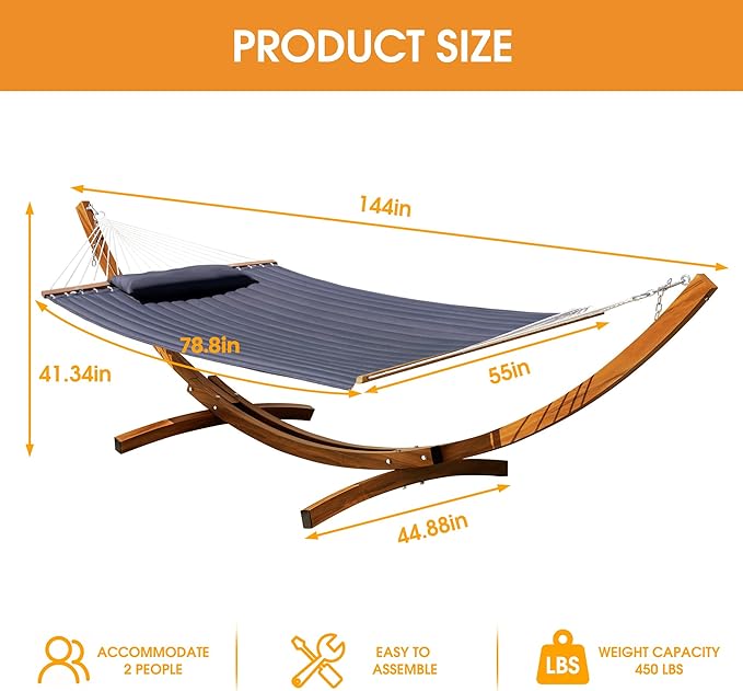 Lazy Daze Hammocks 12 FT 2 Person Double Quilted Hammock with Curved Steel Heavy Duty Stand and Pillow for Outside Backyard Patio 450 Lbs Capacity Dark Grey