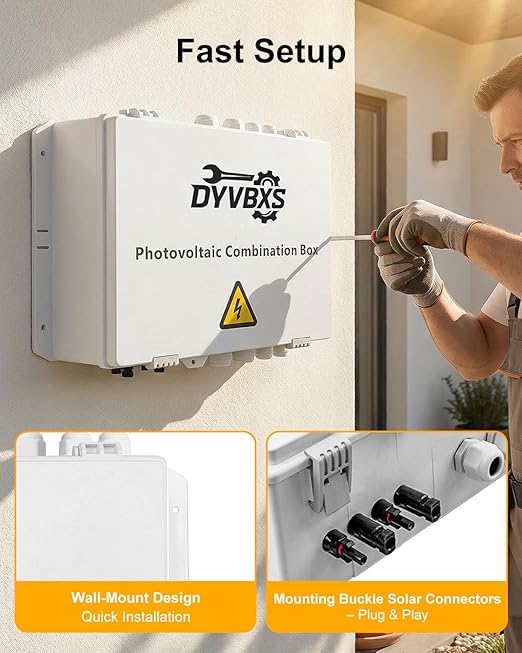 PV Combiner Box 2 String Solar Distribution Box IP65 Waterproof with 25A 250A DC Circuit Breakers 63A 125A AC Breakers Outdoor Power Distribution Box for 8KW–10KW Inverter Systems