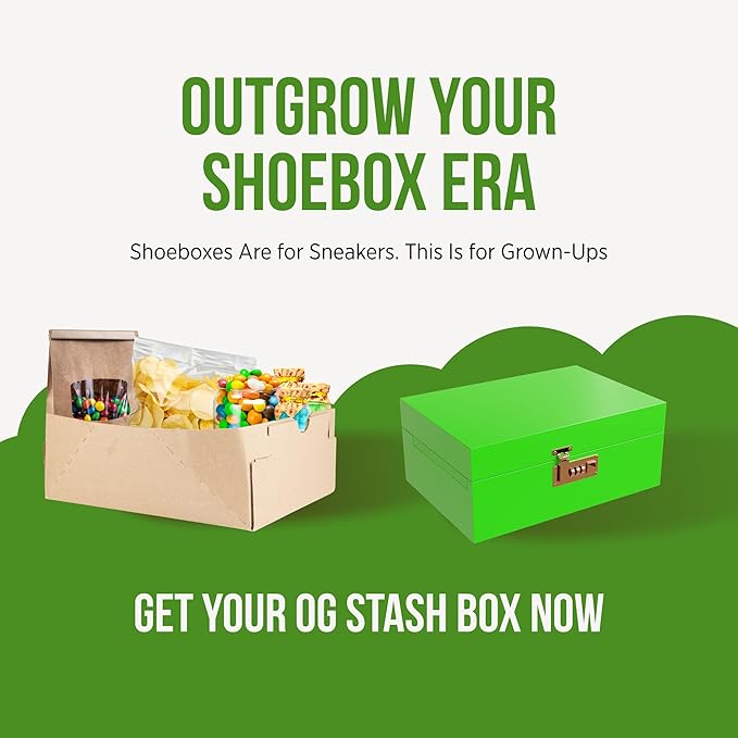 HASHSTASH The OG Storage Box - Large Bamboo Box with Combination Lock Magnetic Lid Organizer Tray Airtight Tube and 3 Jars - Discreet Decorative Locking Wooden Box with Accessories (Neon Green)