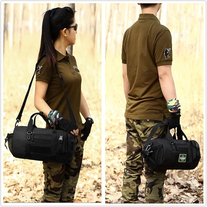 UNISTRENGH Tactical Duffle Cylinder Packs Tote MOLLE Handbag Gear Military Travel Carry On Shoulder Barrels Messenger Bags Small Valise (Black)