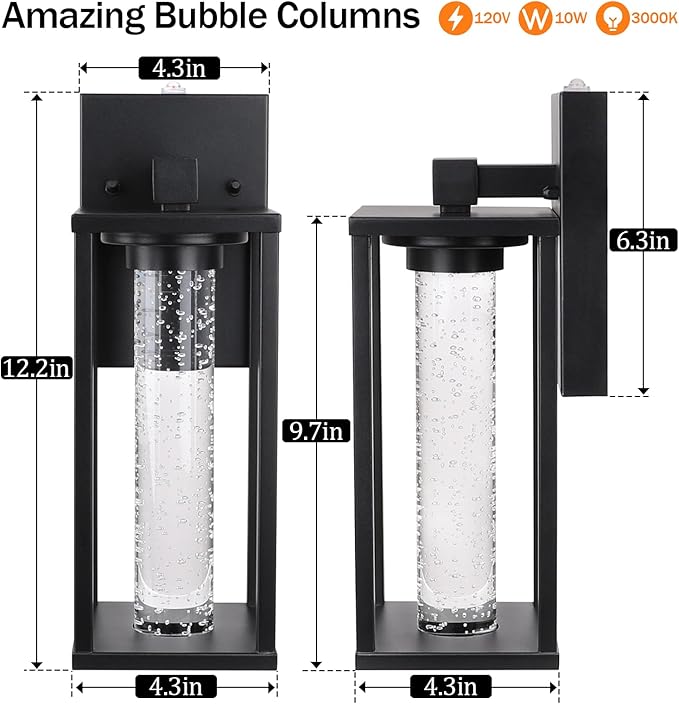 WIHTU Dusk to Dawn Porch Light Sensor Outdoor Light Fixture for House with Crystal Bubble Modern Matte Black Exterior Lighting Fixtures 2 Pack Outside Lanterns for Garage Entryway