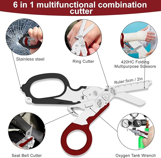 6 in 1 Multifunctional Combination Tool Folding Retractable Emergency Shears Outdoor Camping Tools Seat Belt Cutter Oxygen Cylinder Wrench Complimentary Adjustable Wrench (dark red)