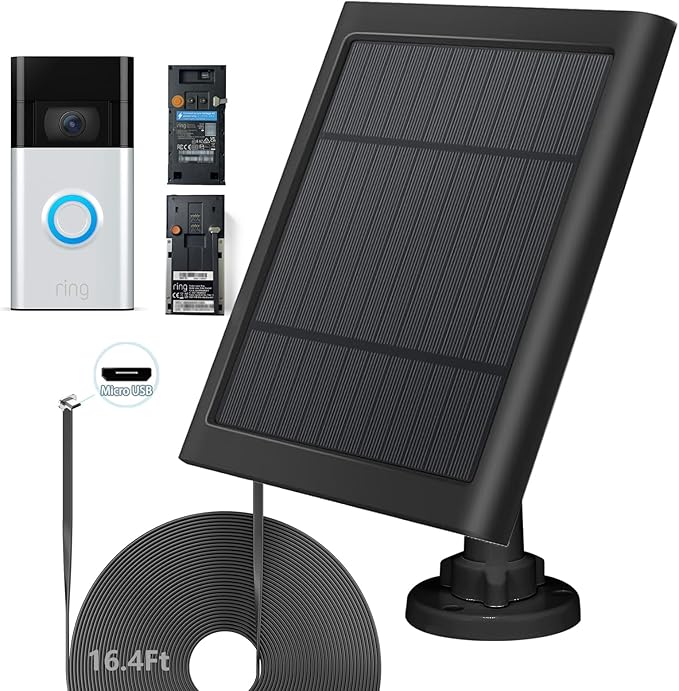Solar Panel for Ring Doorbell 5W 5V Solar Charger Pefect for Ring Video Doorbell (2nd Gen - 2020 Release) Micro USB Port IP65 16.4ft Waterproof Charging Cable 360°Adjustable Mount