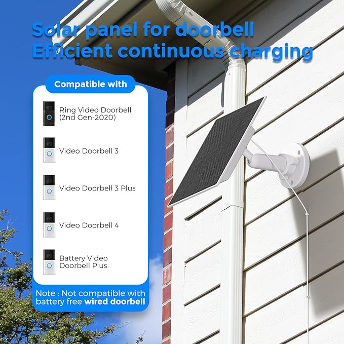 4W Solar Panel for Ring Doorbell Built-in 5200mAh Battery Compatible with Ring Video Doorbell 3 3 Plus 4 &amp Battery Doorbell Plus - IP66 Waterproof 13.1ft Long Charging Cable