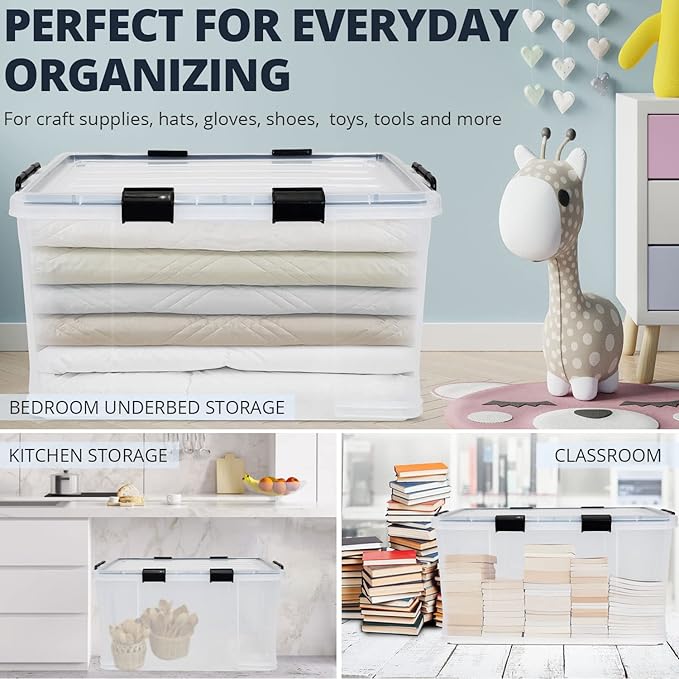 3-Pack Waterproof Plastic Storage Box 90QT/85L Stackable Latch Box Durable Multi-Purpose Locking Bin with Lid and Black Clips for Bedding Toys Shoes and Clothes
