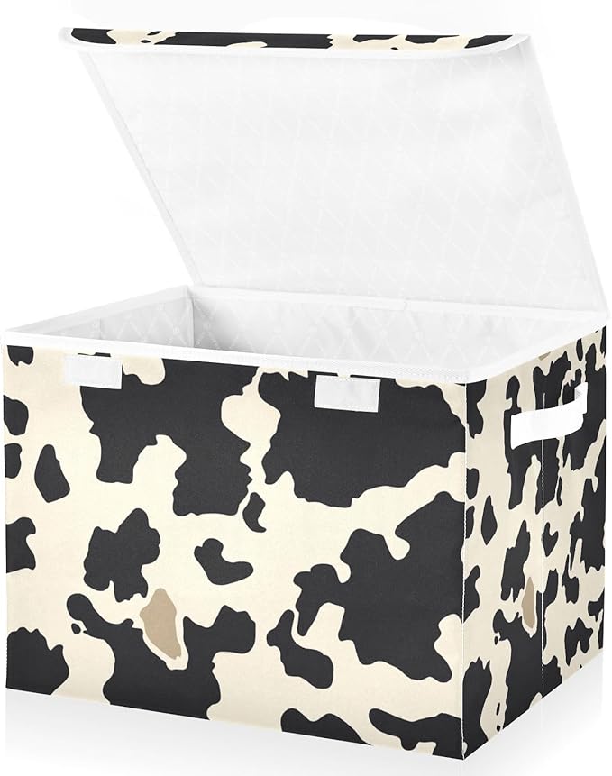 Collapsible Storage Bins with Lids Decorative Fabric Storage Cubes Closet Organizer and Storage Basket Boxes Containers for Clothes Box Chest Nursery Folding Rectangle Beige Black Cow Print