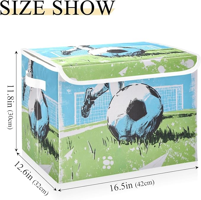 Blue Soccer Player Goal Grass Storage Box with Lid 1 PC Foldable Storage Bin with Lids Stackable Storage Bins Cube Closet Organizer Basket with Flip-Top Lid &amp Handles for Shoes Books Towels