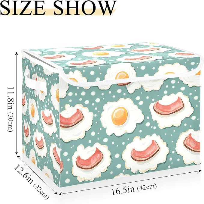 Storage Cube with Lid Bacon Egg Cartoon Print 16.5×12.6×11.8 IN 1 Pack Collapsible Large Capacity Foldable Storage Basket Bin Organizer
