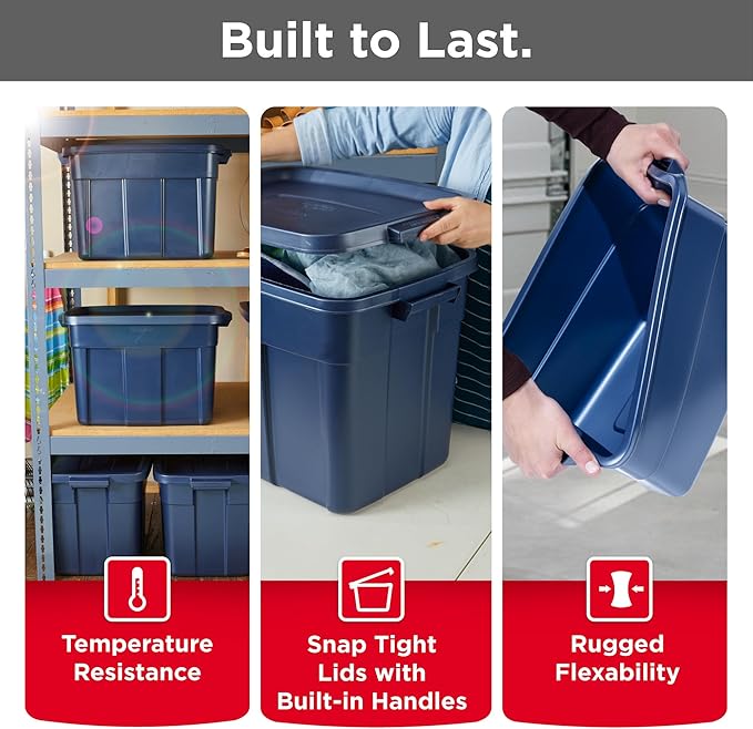 Rubbermaid Roughneck Tote Variety - |Made in the USA| Dark Indigo Metallic Rugged Plastic Stackable Storage Tote with Lid and Handles (Pack of 10)