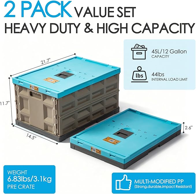 2 Pack Heavy Duty Storage Bins with Lids 12 Gallon Collapsible Plastic Containers 400 LBS Stacking Strength Foldable Locking Box for Garage Camping Truck Bed (Blue - 45L - Pack of 2)