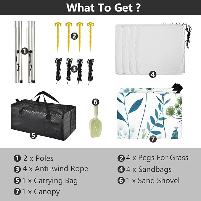 Elegant Botanical Flowers Beach Tent Sun Shelter Set UPF50+ UV Protection 10.5 x 9.19 FT Camping Shade Canopy with Sandbags Sand Anchors Carrying Bag and Others