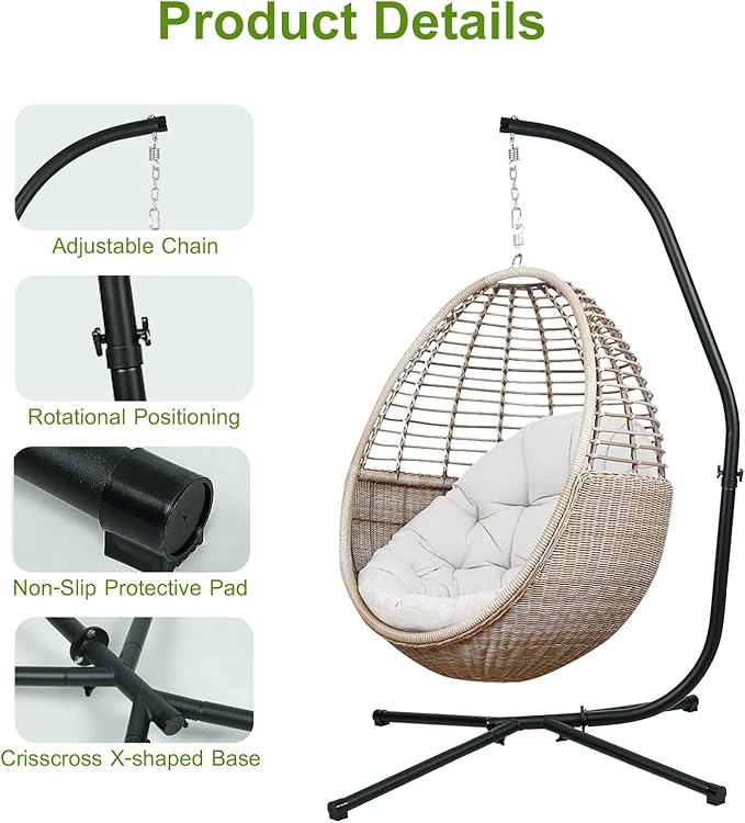 Masyardi Hammock Chair Stand Only Heavy Duty Steel C-Stand with Spring Hook Max Load 300lbs for Indoor Outdoor Black