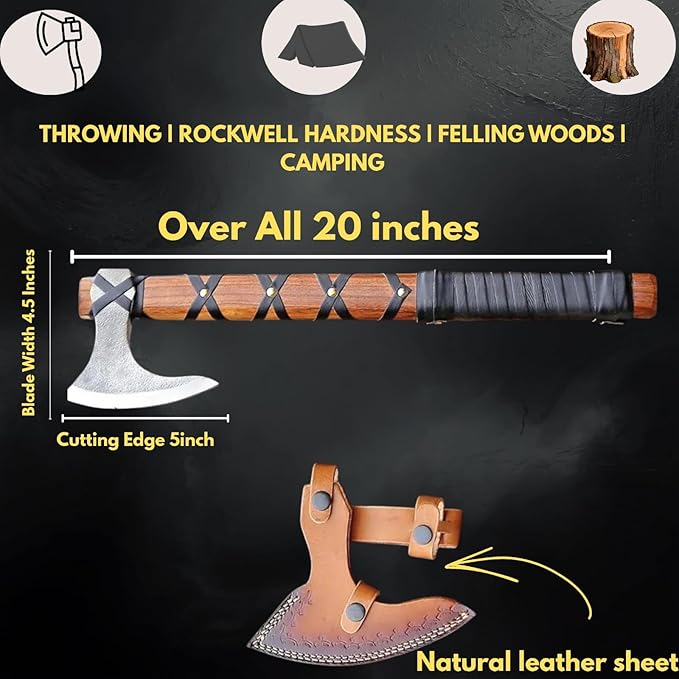 Viking Axe of Ragnar Lothbrok - Hand-Forged High Carbon Steel Sharp Blade with Rosewood Handle and Leather Sheath | Handmade Norse Bearded Axe for Hunting Camping | Vikings Hatchet Outdoor Axe