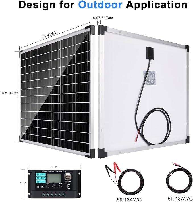 TBER 50W/12V Solar Panel Kit with 10A Charge Controller Monocrystalline Solar Battery Trickle Charger Maintainer for Automotive Motorcycle Boat Marine RV Camping RV Farm Other Off-Grid Applications