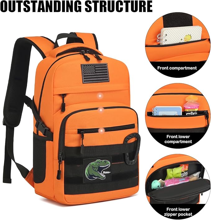 Kids Tactical Backpack Army Molle Bookbag Military Boys Backpack for School Outdoor Camping (Includes 2 Patches+1Carabiner) Orange