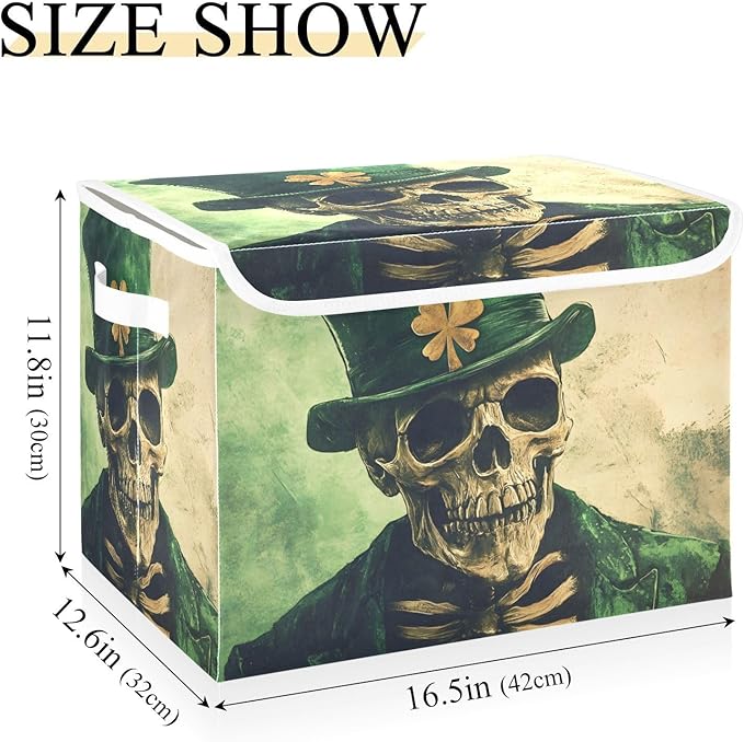 Storage Cube with Lid Skeleton Saint Patrick’s Day Print 16.5×12.6×11.8 IN Collapsible Large Capacity Foldable Storage Basket Bin Organizer