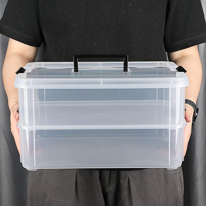 JUXYES 2-Tiers Stack Carry Storage Box With Handle Transparent Stackable Storage Bin With Handle Lid Latching Storage Container for School &amp Office Supplies