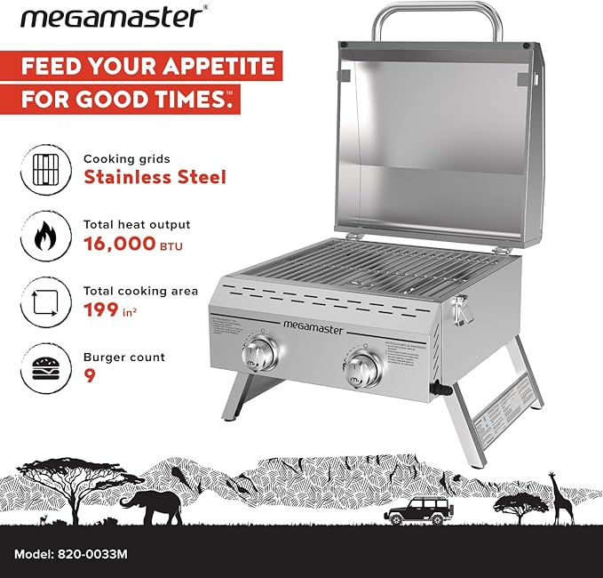 Megamaster 2-Burner Stainless Steel Portable Gas Grill with Built-In Lid 16000 BTUs Foldable Legs Small Propane Grill for Outdoor Cooking Camping Tailgating Patios and More - 820-0033M