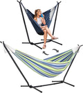 SUNCREAT 2-in-1 Convertible Backyard Fabric Hammock with Stand Large Hammocks for Outside Patented Light Green Stripes