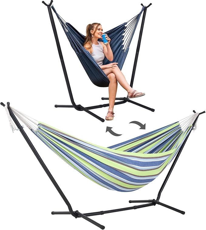 SUNCREAT 2-in-1 Convertible Backyard Fabric Hammock with Stand Large Hammocks for Outside Patented Light Green Stripes