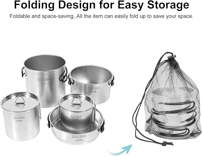 5PCS Stainless Steel Camping Cooking Set Cookware Mess Kit Cook Pots and Pan Set with Cups &amp Storage Bag Lightweight Camping Cookware for Hiking Backpacking Outdoor Cooking and