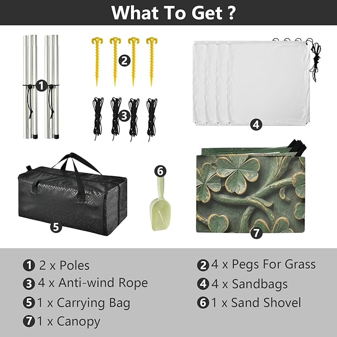 xigua St. Patrick's Day Beach Tent Sun Shelter with Carrying Bag - Silver Coated Oxford Fabric Beach Canopy for Beach Camping Fishing - Includes Windproof Ropes Sandbags &amp Stakes