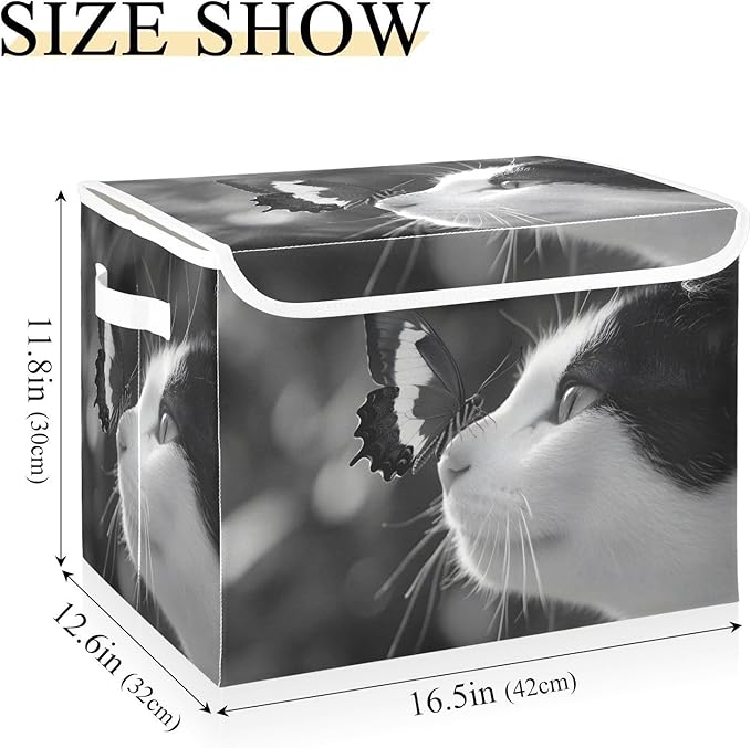 Storage Cube with Lid Cat with Butterfly Print 16.5×12.6×11.8 IN Collapsible Large Capacity Foldable Storage Basket Bin Organizer