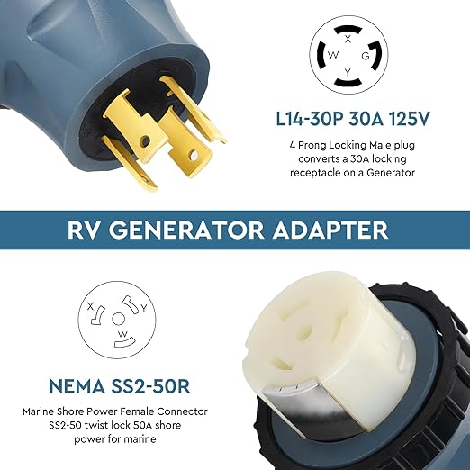 NEMA L14-30P to SS2-50RShore Power Adapter Generator 30A to Marine 50A with Locking Ring