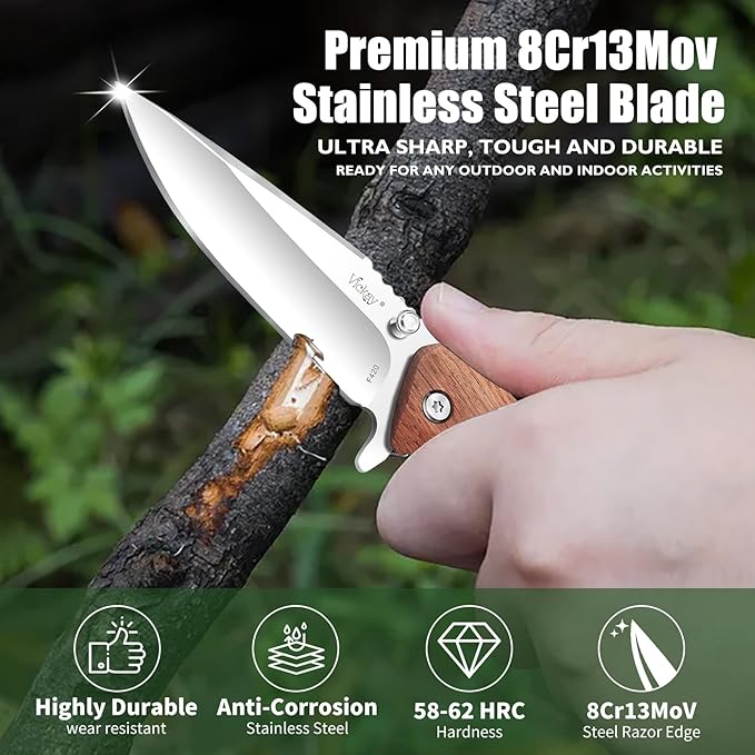 Vickay Pocket Knife for Men 3.4 8Cr13MoV Steel Blade Wood Handle EDC Folding Knife with Liner Lock for Outdoor Camping Tactical Hunting Hiking Survival - Father’s Day Gift