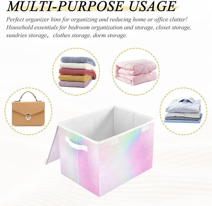 Holographic Gradient Rainbow Storage Bins with Lids Collapsible Container Store Shoe Storage Boxes for Office Supplies