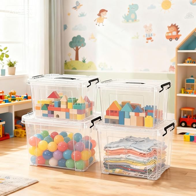 60 QT Plastic Storage Box with Lid and Latches - 4 Pack - BPA-Free See-Through Organizing Solution Durable Nestable Stackable Containers Secure Pull Handle - Clear (60 QT)