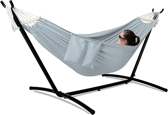 Gafete Double Hammock with Stand for Outside Upgraded Spreader Bar Heavy Duty Space Saving Steel Stand 2 Person Side Pockets Easy Assembly 600lbs Weight Capacity Indoor &amp Outdoor (Light Grey