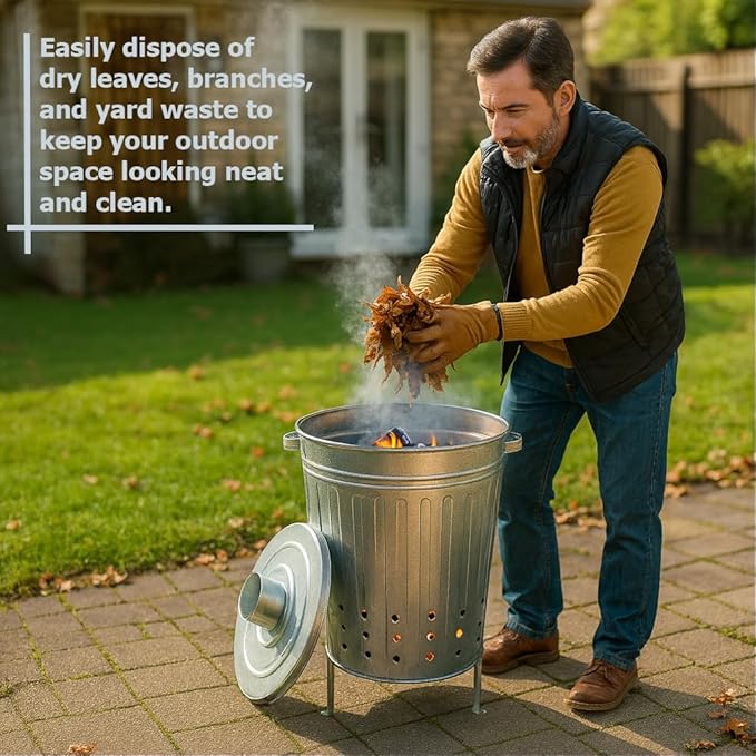 Gardenised Silver Galvanized Steel Outdoor Incinerator Can Large Garden Waste Burner Bin with Lid Ventilation Holes &amp Raised Legs for Yard Patio Backyard Leaves Paper and Household Debris