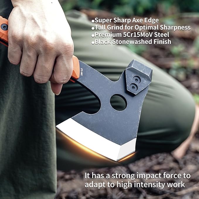 HX OUTDOORS Multifunctional Splitting Axe Full Tang Survival Camping Tactical Wood HatchetCamp Bushcraft Hand Axes with Hammer and Nail Puller (Orange)