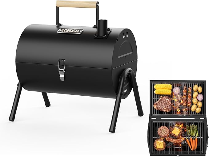 Portable Charcoal Grill with Warming Rack Wooden Handle Tabletop BBQ Grill for Outdoor Barbecue Camping Picnic Backyard Patio Black