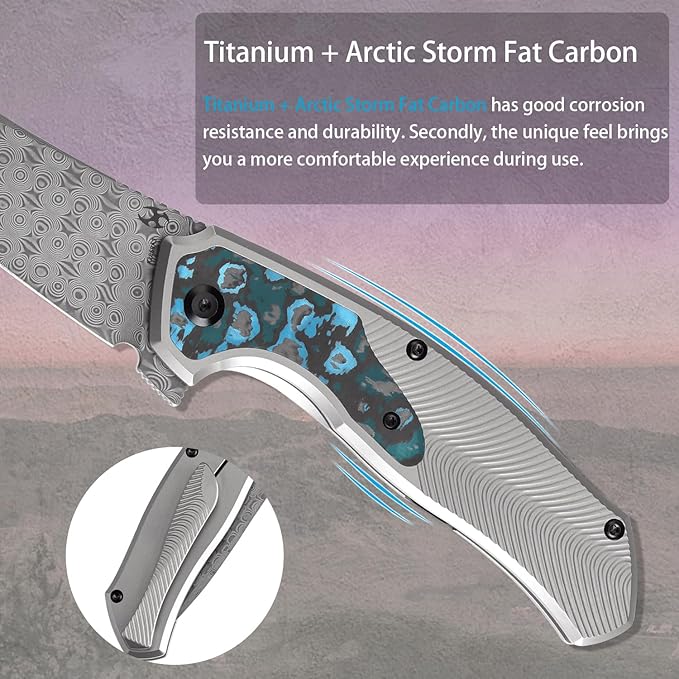 KANSEPT HAVØRN Pocket Folding Knives for Men Women Camping Hiking Folding Knife 3.48'' Damascus Blade Material Pocke Knife with Titanium Arctic Storm Fat Carbon Handle Everyday Carry K1069A3