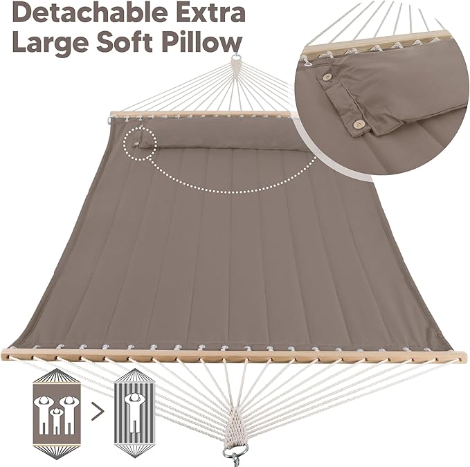 SUNCREAT Double Quilted Hammock with Hardwood Spreader Bar Extra Large Soft Pillow Heavy Duty 2 Person Hammock for Indoor Outdoor Brown