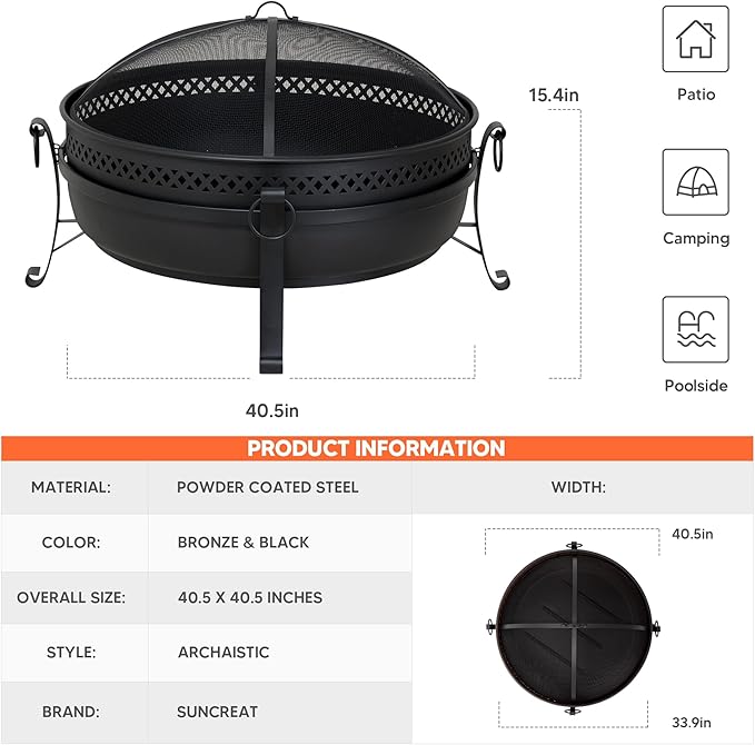 SUNCREAT Outdoor Patio Fire Pit with Mesh Spark Screen 40 Portable Fire Pit for Camping Black