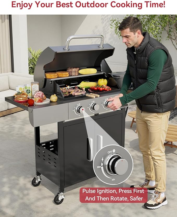 Aoxun 4-Burner Propane Grill with Side Burner 49000 BTU Gas Grill Stainless Steel Outdoor Grill with Cast Iron Grates &amp Side Tables for Backyard Patio CampingBlack