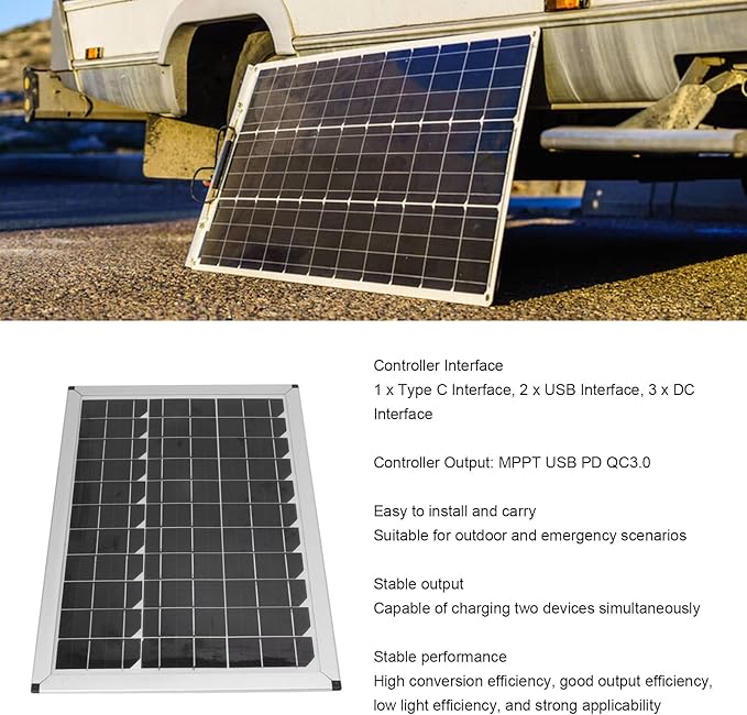 Grcfumo100W 18V Solar Panel Kit Portable Solar Panel Monocrystalline Solar Panel for Automobiles Ships Airplanes Outdoor Planting
