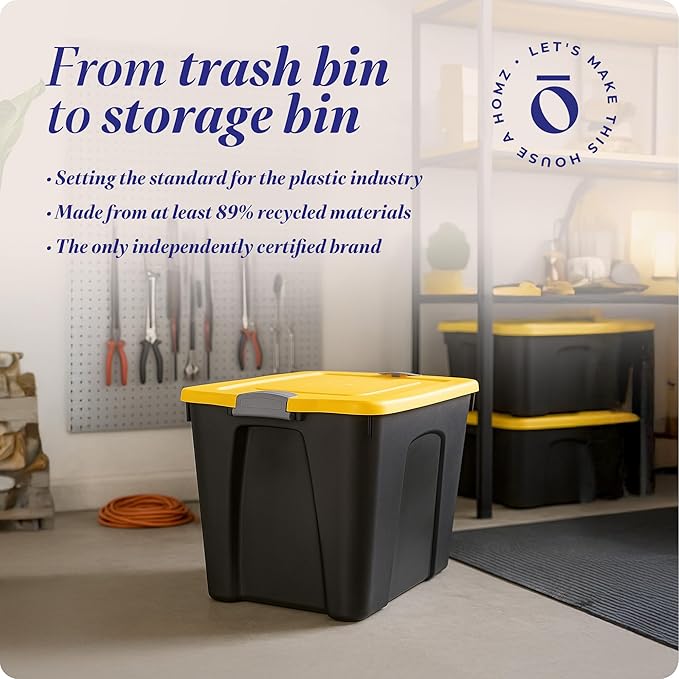 Homz 22-Gallon Durabilt Plastic Stackable Home Office Garage Storage Organization Container Bin w/Latching Lid and Handles Black/Yellow (4 Pack)