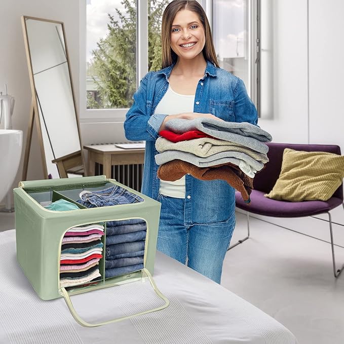 Sorbus Storage Bins with Divided Interior - Large Stackable &amp Foldable Organizer Containers with Metal Frame Oxford Fabric Large Window &amp Carry Handles - Organization for Bedroom Linens &am