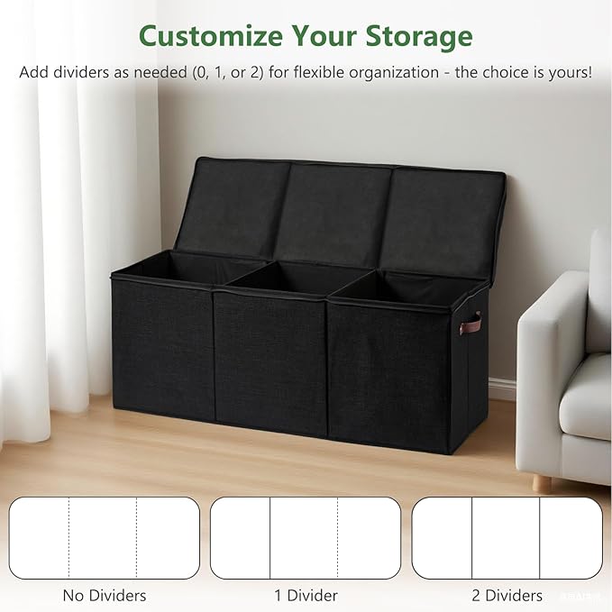 Extra Large Storage Box with Zippered Lid 130L Jumbo Chest Basket Bin Collapsible Lidded Sturdy Organizer with Dividers PU Leather Handles for Clothes Bedding Set Home Closet (Black)